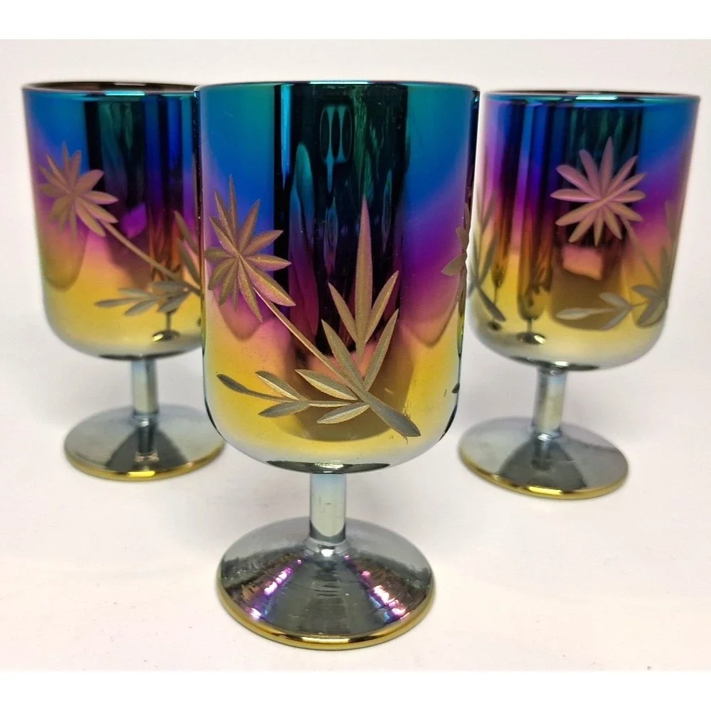 Beautiful Shot glasses or Liqueur 3 Carnival Iridescent Glass Bohemian Cut Style